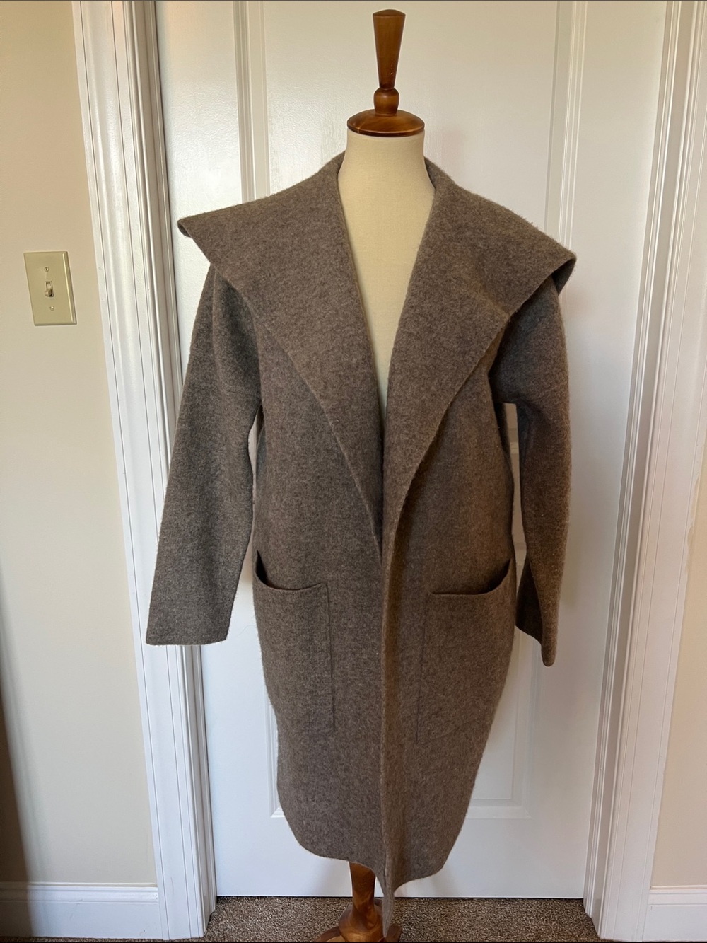 Relaxed Open-Front Wool Blend Trench Coat in Taupe